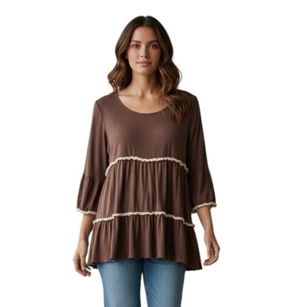 Umgee Brown Peasant Top 1XL Ruffle Sleeves Cream Trim Cotton Blend Festival Flow
